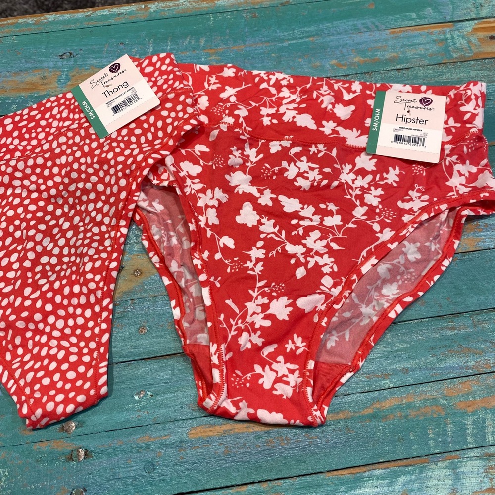 Secret Treasures Womens 2PK Wide Band Hipster Thong Red Floral Polka Dot S/M NWT